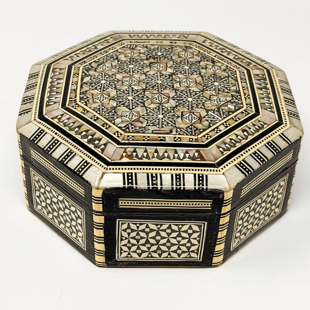 Egyptian Mother of Pearl Inlay Jewelry Box Handmade Mosaic Hexagon Wood Box